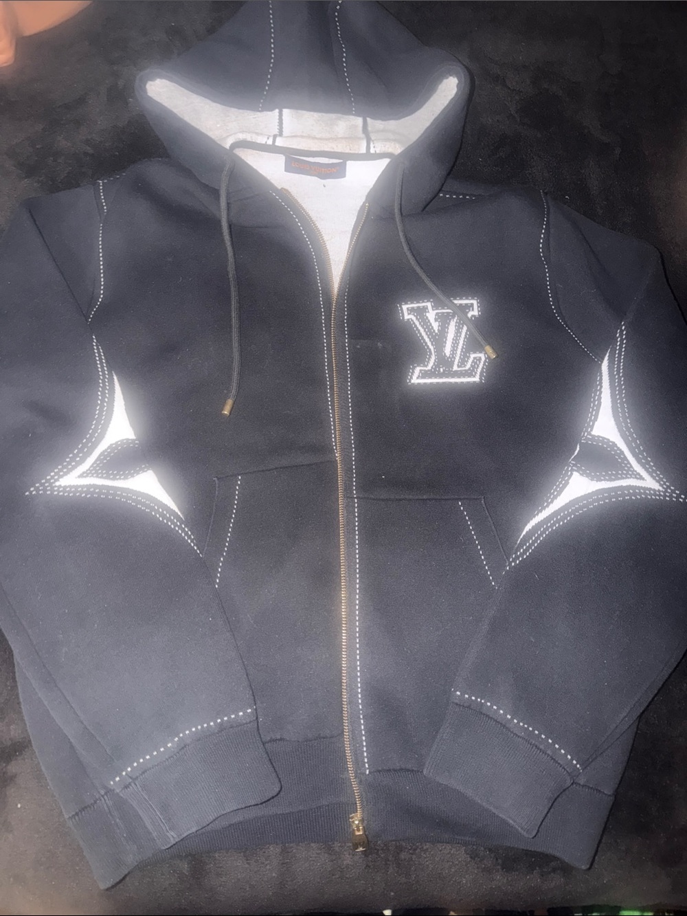 Louis Vuitton Black Hoodie with White Accents and Gold Zip